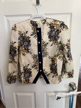 Vintage Floral Cottagecore Blazer Jacket Blue Cream Prairie Grandmacore 10P USA